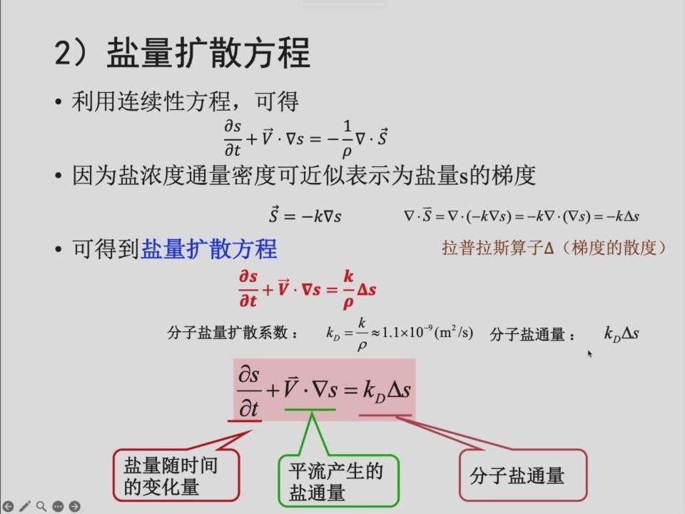 盐量扩散方程:局地变化、平流输运和分子扩散