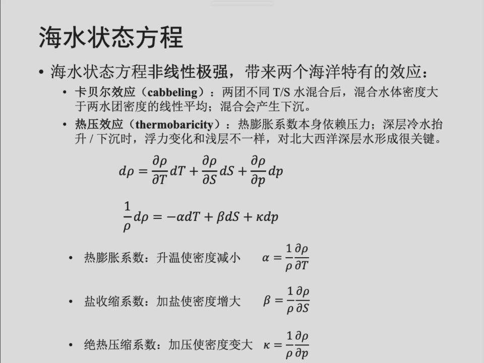 海水状态方程、热膨胀、盐收缩、压缩系数以及两个非线性效应